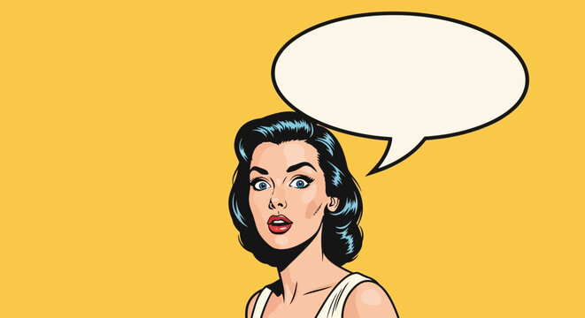 Thoughtful Dark Haired Pop Art Woman with Blank Speech Bubble on Yellow Background