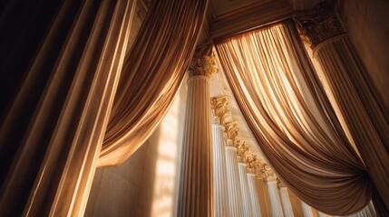 Opulent interior draped curtains and classical columns