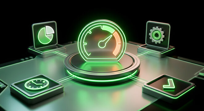 performance optimization and efficiency management concept with glowing green neon speedometer dashboard and business data icons for productivity improvement and system monitoring