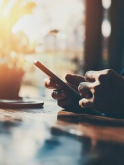 Obraz premium スマホ操作と木製テーブル
