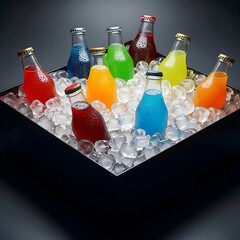 Colorful Assorted Soft Drink Bottles in Ice Cubes on Black Background, Refreshing Beverage Concept