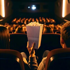 Audience Watching Film in Dark Movie Theater with Popcorn, Cinema Experience Concept