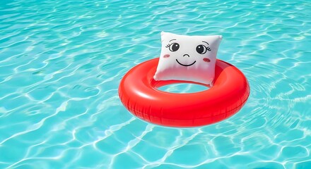 Cute pillow Ring Floating on Pool Water, Summer Leisure and Relaxation Concept
