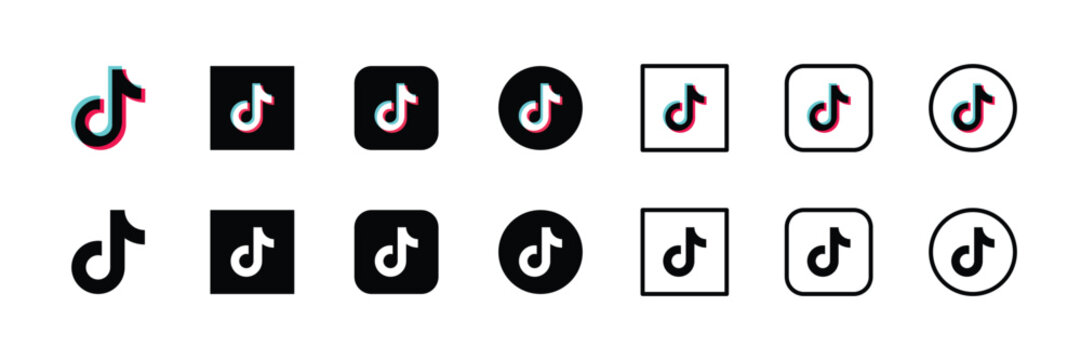tiktok social media logo icons set in color black white square and round app collection