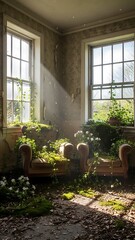 Abandoned room with overgrown plants and sunlight.