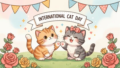 Naklejka premium International Cat Day: Two adorable cartoon cats, one orange and the other gray, are celebrating International Cat Day, waving hello. The background features colorful bunting, flowers.