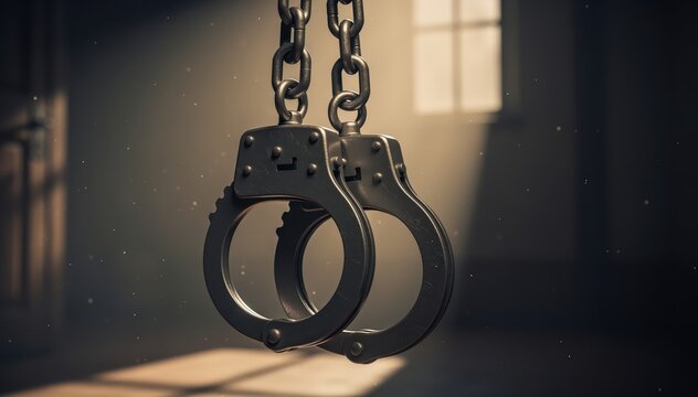 Handcuffs in Jail: The cold, metallic gleam of handcuffs hangs ominously within the confines of a prison cell, casting shadows that speak of confinement and the weight of the justice system.