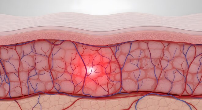 Cross section of skin layers showing blood vessel network and inflammation 3d illustration