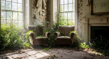 Abandoned room with overgrown plants and sunlight.