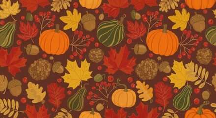 Seamless pattern of colorful autumn leaves and pumpkins creating a seasonal harvest border design with orange maple foliage for Halloween and Thanksgiving holiday decorations