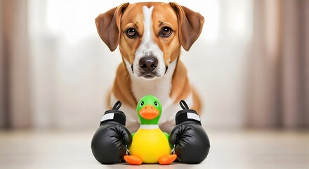 Cute Brown and White Dog Holding Rubber Duck Toy with Boxing Gloves, Funny Pet Concept