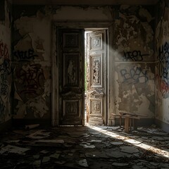 Abandoned Room With Sunlight Streaming Through Open Door.