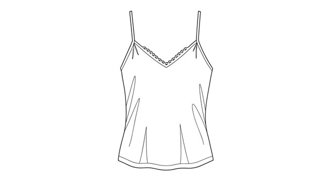 Simple line drawing of a pajama cami with thin straps, isolated on a white background, showcasing minimalist design and elegance