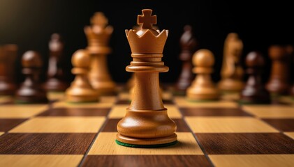 Royal Strategy: A close-up shot of a wooden chess board with a distinguished king piece in focus, flanked by various chess pieces, representing strategy and intellectual pursuits.