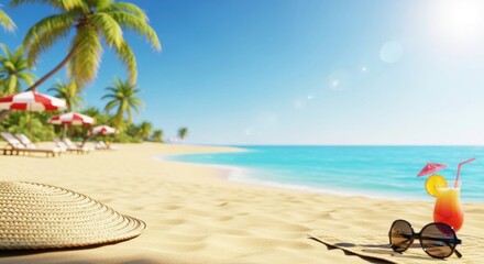 A beautiful woman relaxes on the white sand of a tropical Caribbean island beach surrounded by coconut palm trees and the turquoise ocean under a bright summer sun