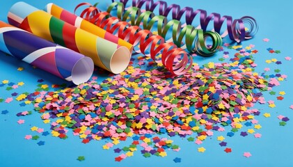 Festive Celebration Decorations: A vibrant display of colorful streamers, confetti, and party poppers against a cheerful backdrop, perfect for setting a celebratory mood.