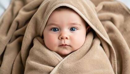 Wrapped in Comfort: A serene baby, enveloped in a soft, cozy blanket, gazes with innocent eyes, radiating tranquility and warmth.