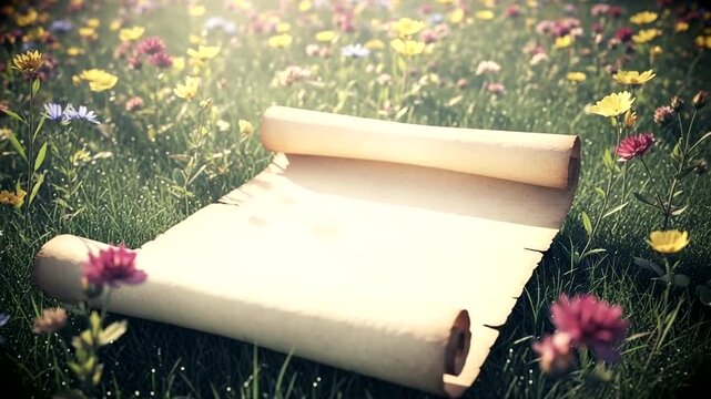 Ancient Scroll Unfurled in a Vibrant Wildflower Meadow.