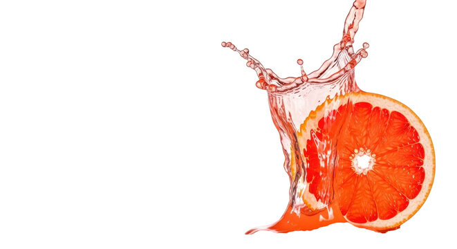 Vibrant grapefruit juice splashing dynamically, frozen spherical droplets, a glistening fresh slice partially immersed against a transparent background, concept for beverage advertising