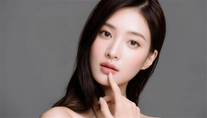 指を唇に添えるナチュラルメイクの日本人女性