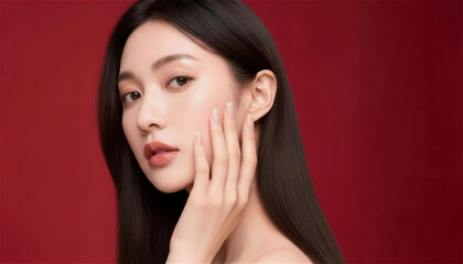 赤い背景で頬に手を添える美しい日本人女性