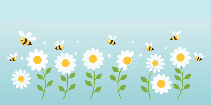 Charming illustration of daisies and bees on a light blue background