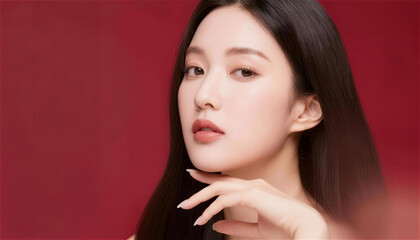 赤い背景で顎に手を添えるロングヘアの日本人女性