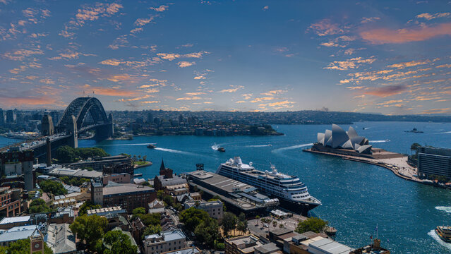 5 February 2026 Aerial View of Sydney Harbour Circular Quay cruise Liner on a nice Summer day beautiful Sky in Sydney NSW Australia