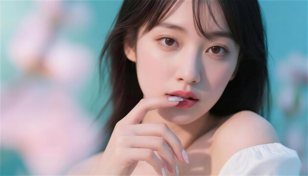 パステル背景で唇に指を添える可愛い日本人女性