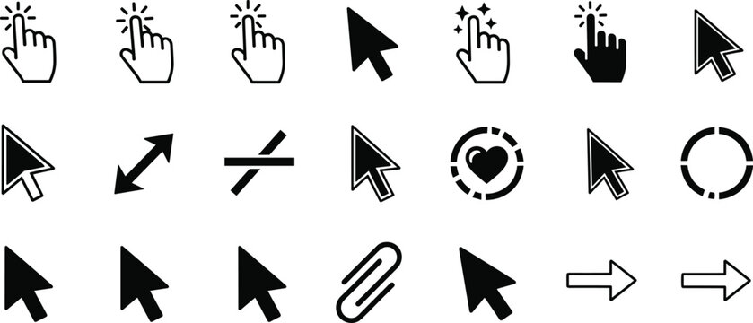 Black and white vector icon set of various computer mouse cursors hand pointers and arrow symbols for digital interface branding,