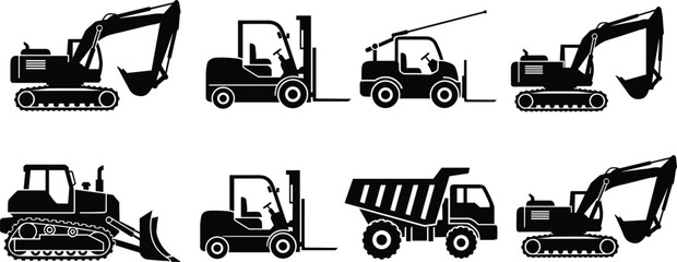 Black silhouette set of heavy construction machinery including excavators forklifts and dump trucks isolated on white background for industrial vector, © Rahena ARAFAT