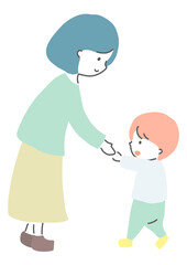 手をつなぐ子供と母親　イラスト