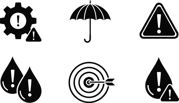 Black vector icon set for technical maintenance security and target accuracy including umbrella gear warning triangles and water drop alerts,