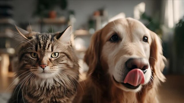 Close-up of a happy dog and a grumpy cat looking at the camera