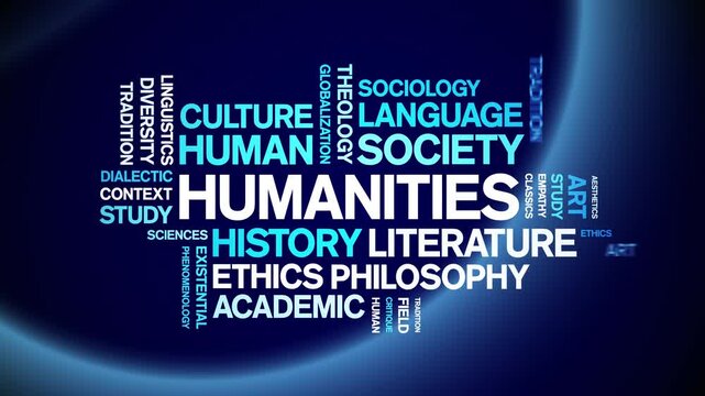 Humanities animated word cloud-text design animation tag kinetic typography seamless loop.