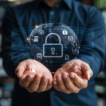 Businessman hands holding glowing earth globe with padlock symbol and icons representing cloud data storage email and online services global security concept