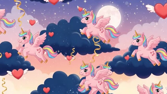 Pink Cartoon Unicorns Flying Rainbow Navy Clouds Fantasy