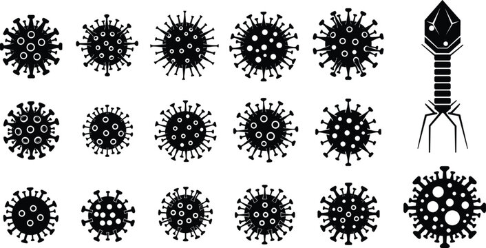 Black vector icon set of viruses and bacteria for concepts of microbiology infectious diseases healthcare clinical research and medical branding,