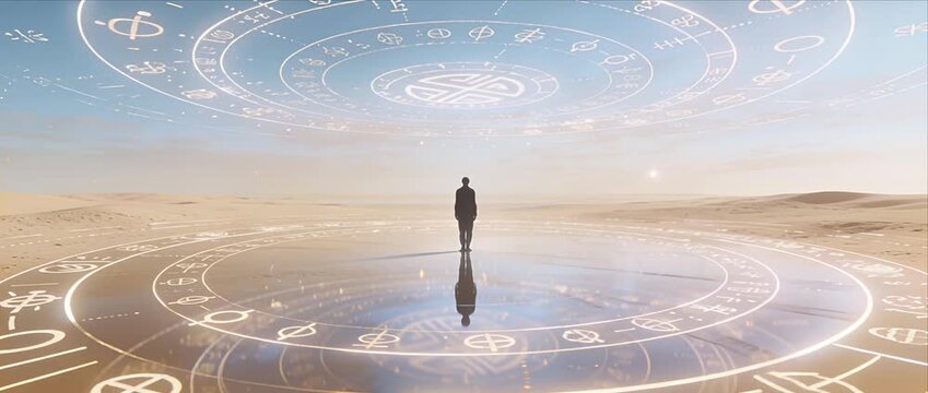 Man desert silhouette reflection symbol circle beneath vast sky at horizon, futuristic technology hologram interface, cosmic diagram overhead, power and impact, walking alone toward sunrise