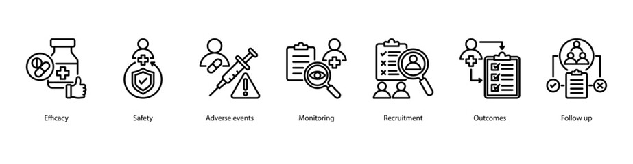 Clinical Trial Outcomes web banner featuring Efficacy, Safety, Adverse Events, Monitoring, Recruitment, Outcomes, and Follow Up.
