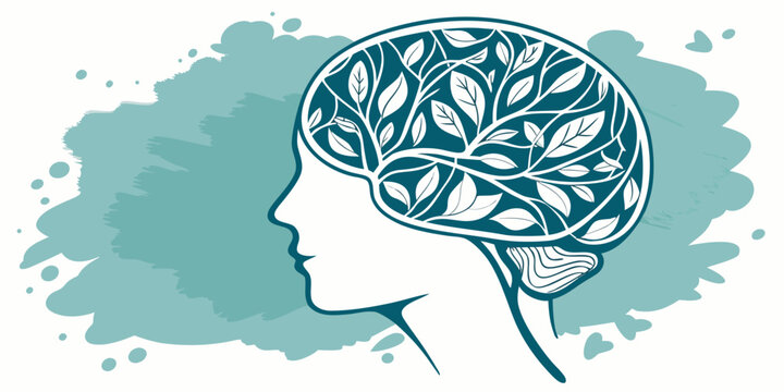 A profile silhouette of a woman's head contains internal branching leaves, symbolizing mental wellness and natural thought processes.