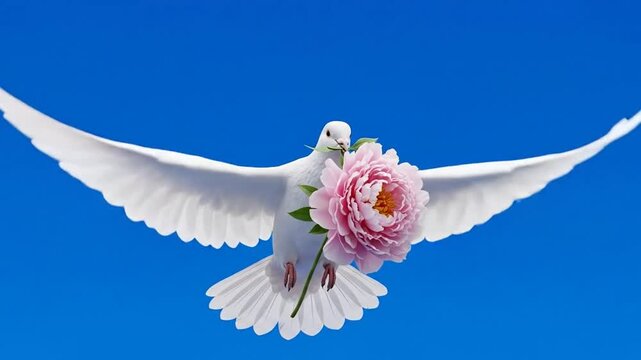 White Dove Flying Carrying Peony Flower Loop on Blue Screen