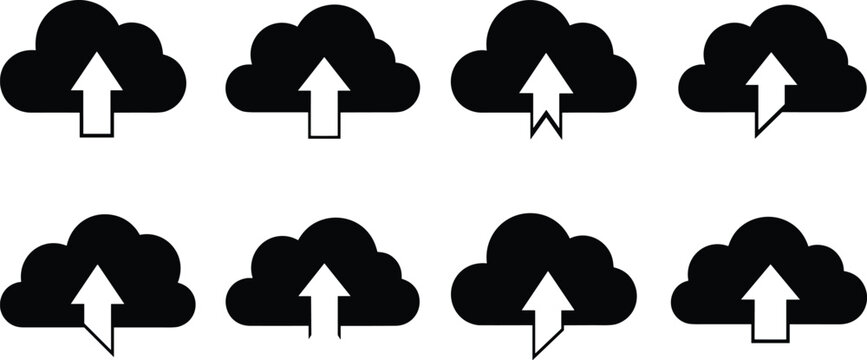Black vector silhouette icon set of clouds with upload arrows for concepts of cloud computing data storage internet and branding,