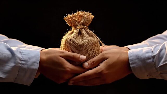 Hands sharing a burlap sack, symbolizing the essential practice of zakat and providing rice during Ramadan, embodying the true spirit of Islam and communal generosity for Eid