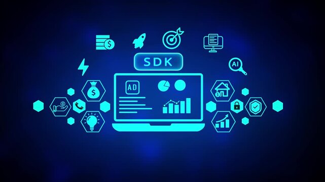 Software development concept with glowing neon blue SDK text above a laptop screen displaying an advertisement and surrounding technology on a dark blue background representing data and