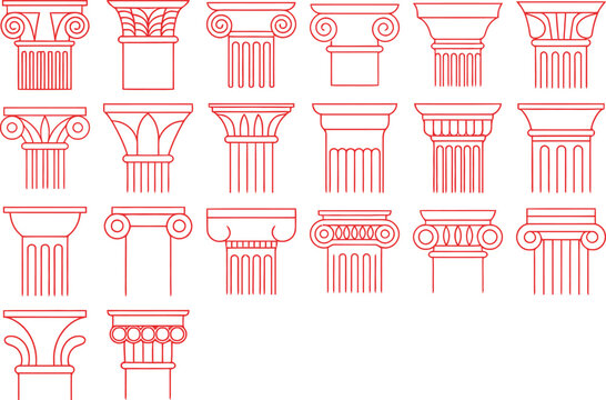 Ancient Column Designs in Red Line Art architectural drawing CAD design