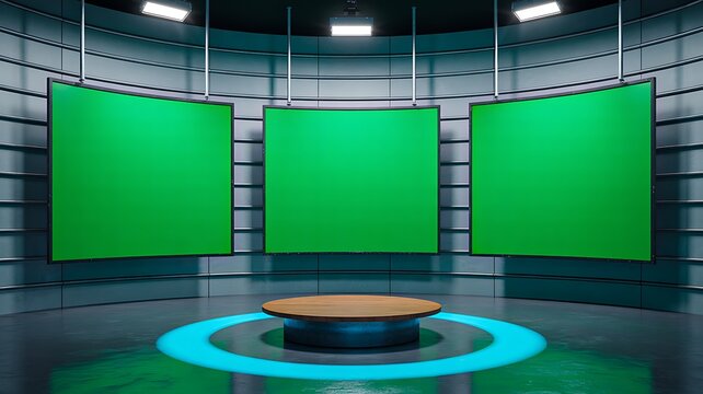 Green screen studio set with modern stage background
