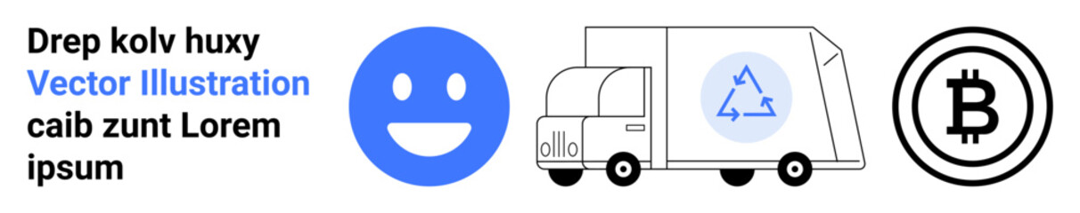 Fototapeta premium Sustainability, cryptocurrency, eco-friendly business, blockchain, digital payments, waste management. Blue happy face, recycling truck icon Bitcoin symbol. Sustainability and cryptocurrency concept