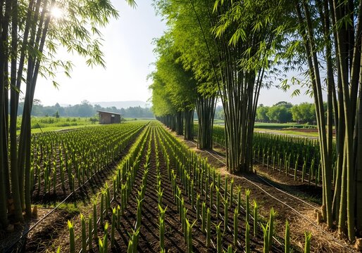 sunlit rows of young bamboo plants growing in an organized plantation