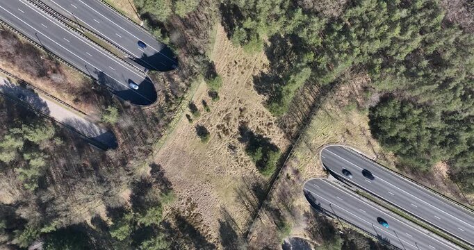 Aerial top down view of wildlife crossing ecoduct over highway